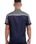 Back view of Mens Short Sleeve Work Jacket Built Like A Tank For The Daily Grind With Bright Reflective Stripes and Smooth Front Zip Breathable Auto Mechanic Uniform Gray Navy Blue Contrast.