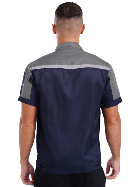 Back view of Mens Short Sleeve Work Jacket Built Like A Tank For The Daily Grind With Bright Reflective Stripes and Smooth Front Zip Breathable Auto Mechanic Uniform Gray Navy Blue Contrast.