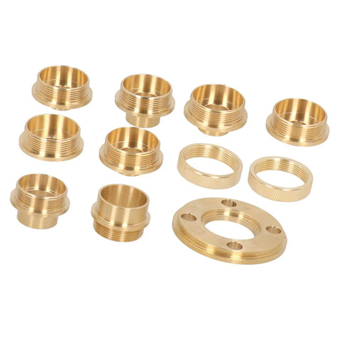 Premium Router Template Guide Set With Lock Nut Adapter And Eight Common Sizes For Smooth Dovetailing Hinge Routing And Precise Cut Outs Shop Ready Woodworking Aid with brass guides and adapter pieces arranged.