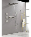 Wall Mounted Waterfall Rain Shower System with 3 Body Sprays & Handheld Shower featuring brushed nickel finish and modern design.