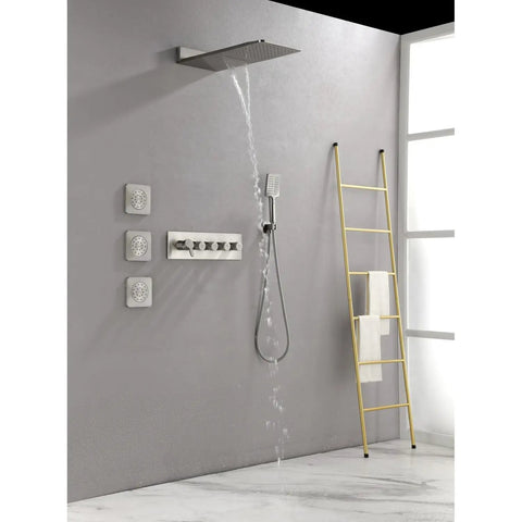 Wall Mounted Waterfall Rain Shower System with 3 Body Sprays & Handheld Shower featuring brushed nickel finish and modern design.
