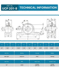 Technical drawing of Heavy Duty Pillow Block Bearing Set Pack Of 2 Mounted Pillow Block Bearings Chrome Steel AISI 52100 Self Aligning