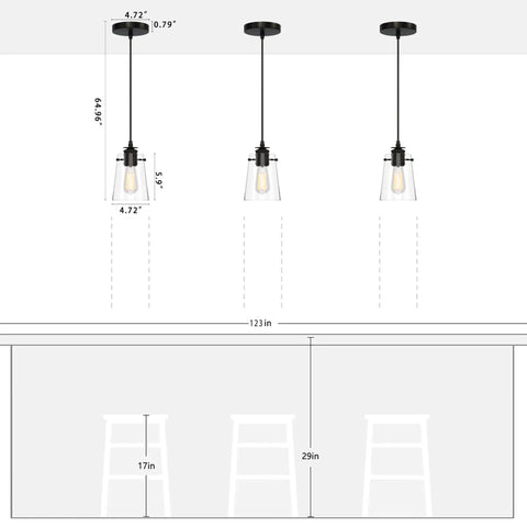 Black Pendant Lights For Kitchen Island, Modern Glass Hanging Fixture with adjustable cords and clear shades.