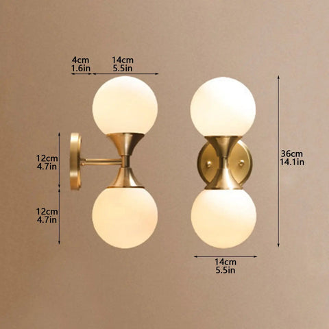 Two Light Wall Sconce For Bathroom Vanity And Mirror Front Light With E27 Socket, Round Glass Shade, Copper And Glass Finish