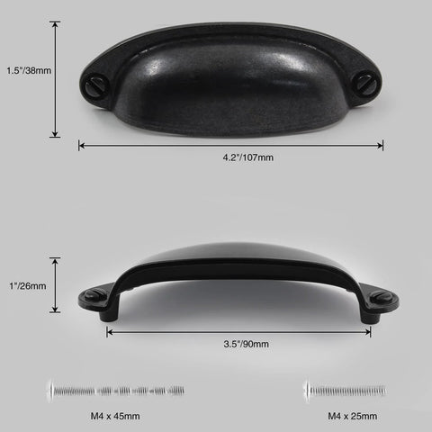 Six Pack Antique Black Cabinet Drawer Pulls With Three And A Half Inch Center To Center Hole Vintage Shell Metal Handles 107mm Long 38mm