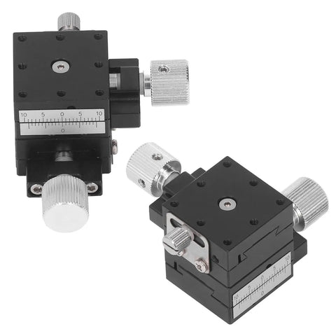 Axes Sliding Stage Pro Grade With Dovetail Guide And Lead Screw, shown in black aluminum with precision knobs, top view.