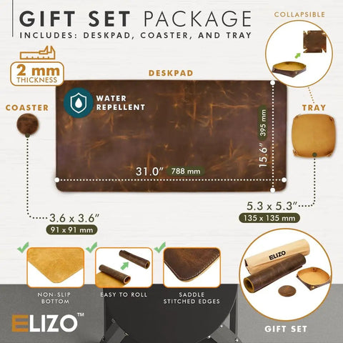 Real Leather Desk Mat Set 32 By 16 Inches Premium Full Grain Leather Desk Pad Thick 2mm Large Desk Cover Blotter Protector For Computer Gaming Mouse Pad Table Laptop Office Game Ready Boss Desk Upgrade shown with coaster and tray