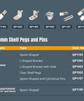 Rock Solid 1/4 Inch Spoon Shelf Pins 200 Pack Premium Stainless Steel Nickel Plated Pegs in assorted types and shapes shown.