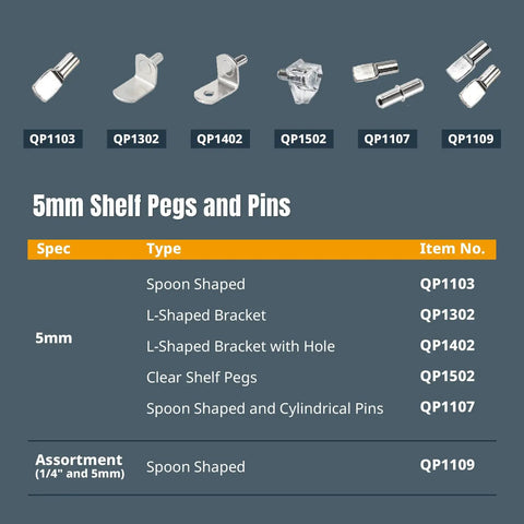 Rock Solid 1/4 Inch Spoon Shelf Pins 200 Pack Premium Stainless Steel Nickel Plated Pegs in assorted types and shapes shown.