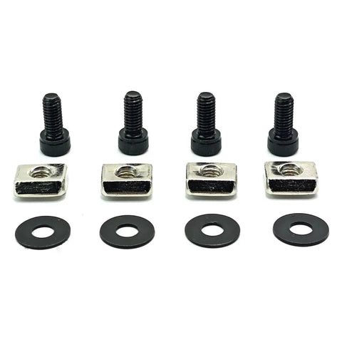 Heavy Duty T Slot Mounting Nuts And Screws Replacement Kit For Racing Simulator Wheel Base Upgrade Crafted From Top Tier Steel. Set includes 4 black screws and washers.