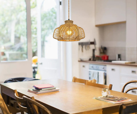 Rattan Hanging Light With Plug In Cord, Boho Wicker Basket Lamp Shade above kitchen table, cozy decor in modern kitchen.