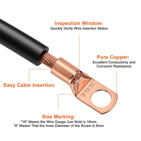 Top Grade 220 Pieces Copper Wire Lug Kit With AWG 6 8 10 And 12 Battery Cable Ends Includes Ring Terminals Heat Shrink Tubes Plus Storage Box For Your Rig, copper lug closeup with inspection window
