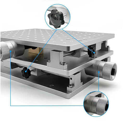 Precision XY Axis Mobile Table with adjustable knobs, durable aluminum design, ideal for portable engraving workbench use.