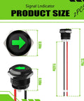 12V LED Turn Signal Indicators size chart with green arrow, waterproof design, 2-pack, car and boat use, high brightness, durable