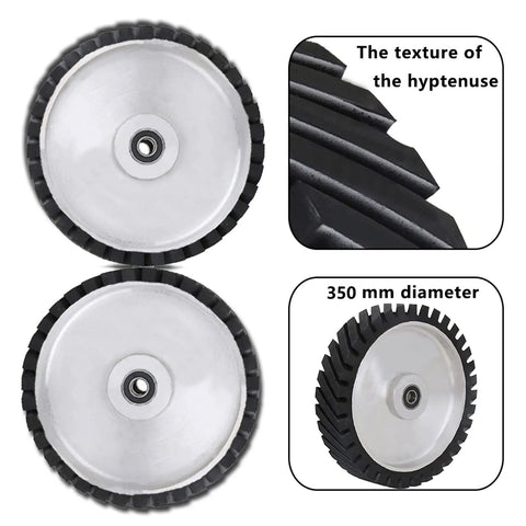 Heavy Duty 14 X 2 Inch Serrated Rubber Contact Wheel Featuring Precision Bearings, showcasing texture and 350 mm diameter.