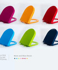 Upgrade Your Bathroom With This Top Notch Quick Release Soft Close Toilet Seat Featuring Hella Smooth Silent Shut Hinges And Ultra Durable Polypropylene Construction Designed For Easy Install On Most Standard Oval Fixtures. Colorful toilet seats in pink, orange, blue, green, red, and navy.