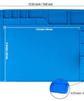 Large Soldering Mat Heat Resistant Silicone Work Pad With Magnetic Surface And Anti Static Wrist Strap Pro Grade For Soldering Station Phone Laptop Tablet Watch Repair Blue. Dimensions are shown.