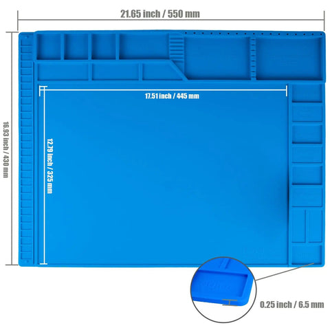 Large Soldering Mat Heat Resistant Silicone Work Pad With Magnetic Surface And Anti Static Wrist Strap Pro Grade For Soldering Station Phone Laptop Tablet Watch Repair Blue. Dimensions are shown.