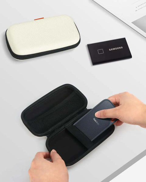Small Hard Shell Tech Organizer Pouch Portable Carrying Case for Electronics Built Workhorse Grade yet Light, showing a white case and a Samsung drive.