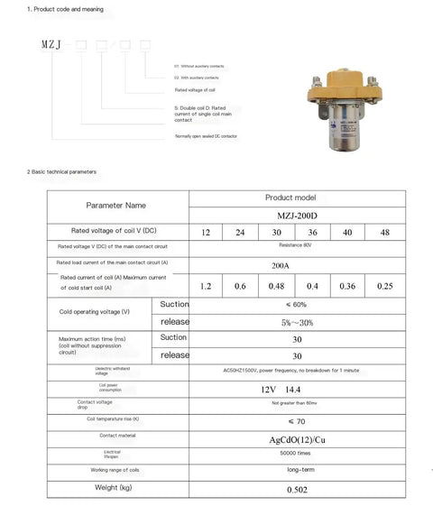 MZJ-200D Heavy Duty DC Contactor for Electric Forklift Power Supply Relay Module 48V, technical specifications and features displayed.