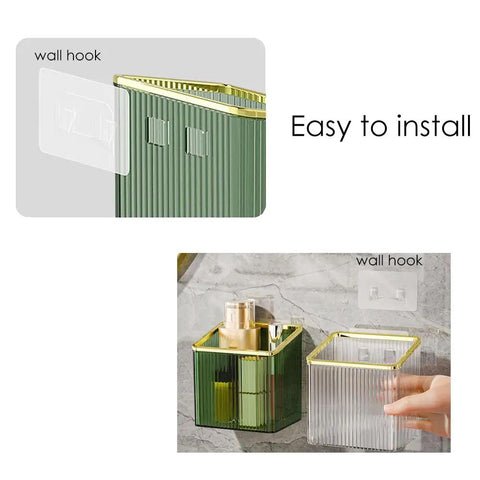 No Drill Adhesive Wall Shelves 3-In-1 Hanging Organizer Floating Storage Bins for Kitchen Bathroom Office Makeup and Home Goods Mountable Shelf in Transparent and Silver shown installed on a wall with hooks.