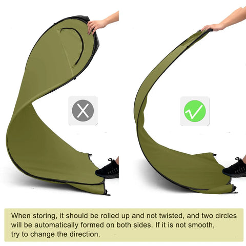 Correct and incorrect folding of Pop Up Privacy Shower Tent With Windows For Camping And Bathroom Breaks, Portable Changing Shelter, Olive Green.