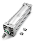 Workhorse Pneumatic Air Cylinder With Two And A Half Inch Bore And Six Point Eight Nine Inch Stroke Double Acting Single Rod M16 By One Point Five Threaded Rod Three Eighths Port Includes Two Push In Fittings 63 mm Bore 175 mm Stroke on white background with two fittings shown