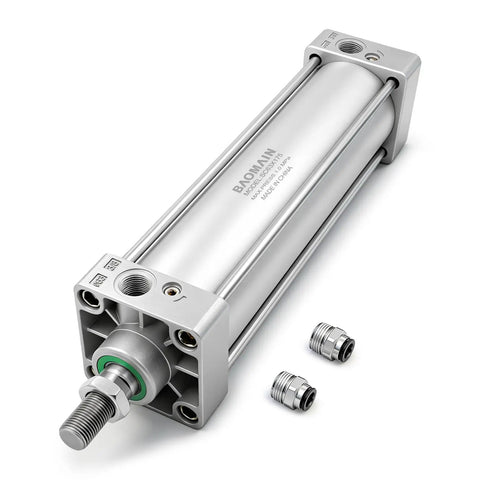 Workhorse Pneumatic Air Cylinder With Two And A Half Inch Bore And Six Point Eight Nine Inch Stroke Double Acting Single Rod M16 By One Point Five Threaded Rod Three Eighths Port Includes Two Push In Fittings 63 mm Bore 175 mm Stroke on white background with two fittings shown