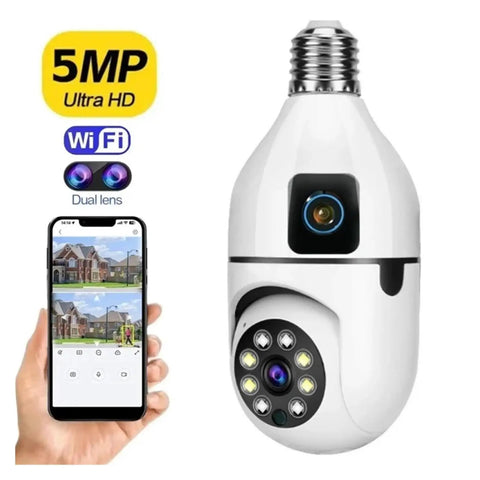 Dead Legit 8MP Dual Lens Wifi Ip Security Camera With E27 Bulb Mount showcasing features and mobile app on smartphone.