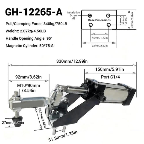 Heavy Duty Pneumatic Hold Down Fixture Built Like A Brick House For Reliable CNC Workholding That Delivers A Rock Solid 750 Pound Grip Each Machine Shift dimensions and specifications diagram.