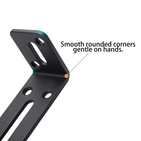 Close-up of Beefy Heavy Duty L Shaped Shelf Brackets Set Of 6 In Black Alloy Thickened 0.11 Inch Arms with smooth rounded corner