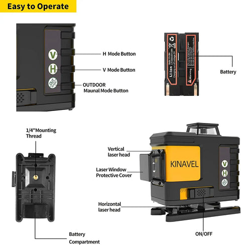 Diagram of 16 Lines Laser Level 4x360 Self Leveling Pro Grade showing buttons, battery, and parts for easy operation.