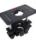 Heavy Duty Router Lift System With Precision Table Plate And Three Insert Rings For Effortless Woodworking Projects close-up view showing steel frame and adjustment controls.