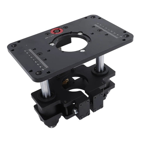 Smooth As Butter Router Lift With Dead On Height Adjustments And Crank Fine Tuning for Router Tables, featuring a black steel base plate.