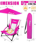 Low Beach Chair With Removable UPF 50 Plus Umbrella Lightweight Folding Backpack Style Camp Chair With Cup Holder For Sand Beach Picnic Or Lawn Easy Carry Kickback Comfort For All Day shown with dimensions and carry bag