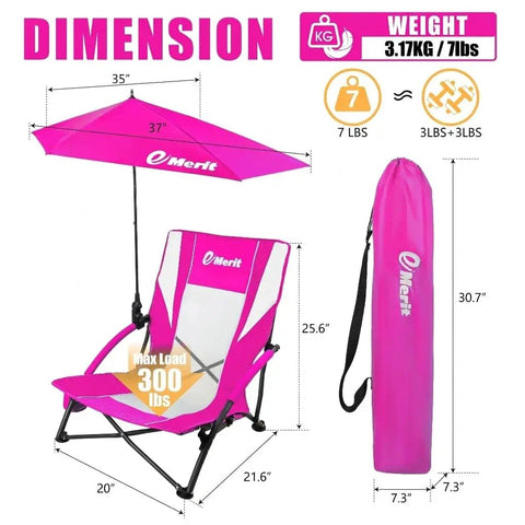 Low Beach Chair With Removable UPF 50 Plus Umbrella Lightweight Folding Backpack Style Camp Chair With Cup Holder For Sand Beach Picnic Or Lawn Easy Carry Kickback Comfort For All Day shown with dimensions and carry bag