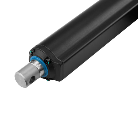 Progressive Automations 24V linear actuator; black housing, blue end collar, silver stainless shaft front view