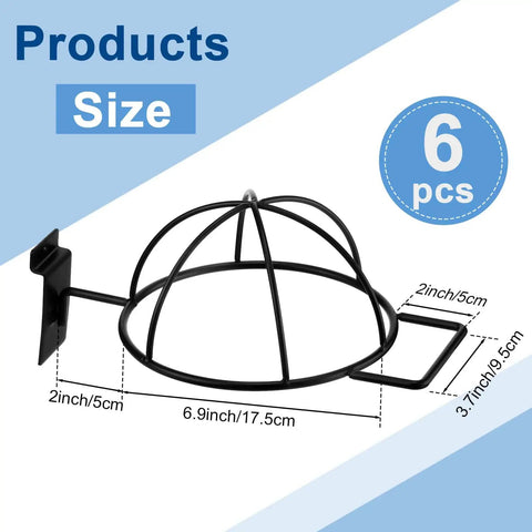 Six Pack Slat Wall Hat Display Racks Wire Headwear Organizer For Baseball Caps Beanies Wigs Metal Slatwall Accessories Ideal For Home Retail Store And Warehouse Black, showing dimensions in inches.