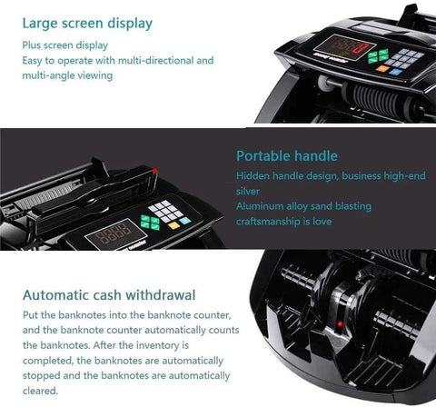 Built Like A Tank Cash Counter Machine With Dual Motor Fast Bill Tally Up To 900 Bills Per Minute Real Time Fake Detector LED screen and portable handle.