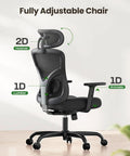 Back view of ergonomic office chair with lumbar support and 2D headrest, adjustable armrests, and swivel wheels in home office setting.