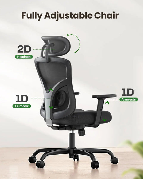 Back view of ergonomic office chair with lumbar support and 2D headrest, adjustable armrests, and swivel wheels in home office setting.