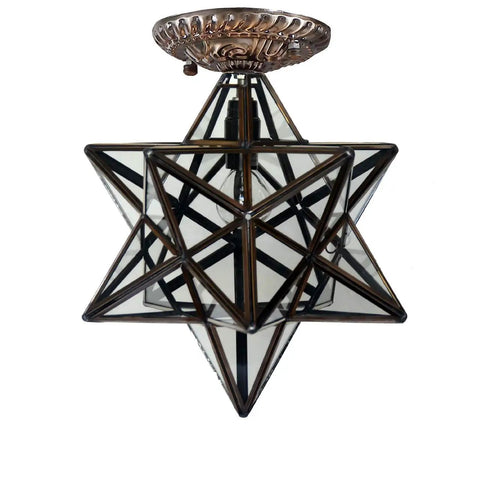 Clear Glass Moravian Star Tiffany Style Semi Flush Mount Ceiling Fixture 12 Inch with classic stained glass glow close-up