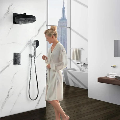 Woman using the Shower System, 2-Function Concealed Set with Solid Brass Control Valve in a modern bathroom.