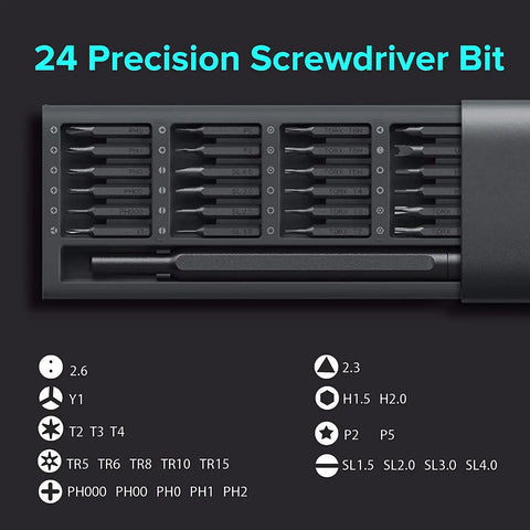 Magnetic Driver Bit Set Do It All With 24 S2 Steel Precision Bits for electronics repair shown in open case with labels