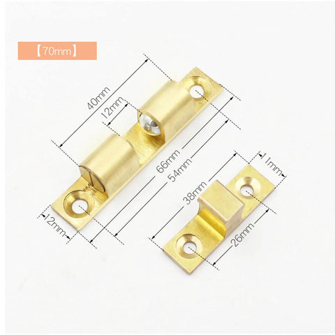 Double Ball Cabinet Door Catch With Tension Roller Latch showing dimensions and rust-resistant copper body