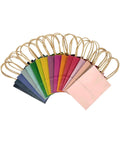 32 Pack Mini Paper Gift Bags With Handles, 6x4.5x2.5 Inch Brown Kraft Party Favor Bags, 16 Rainbow Color Options displayed in arc