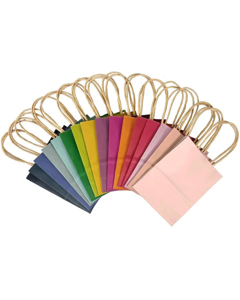 32 Pack Mini Paper Gift Bags With Handles, 6x4.5x2.5 Inch Brown Kraft Party Favor Bags, 16 Rainbow Color Options displayed in arc