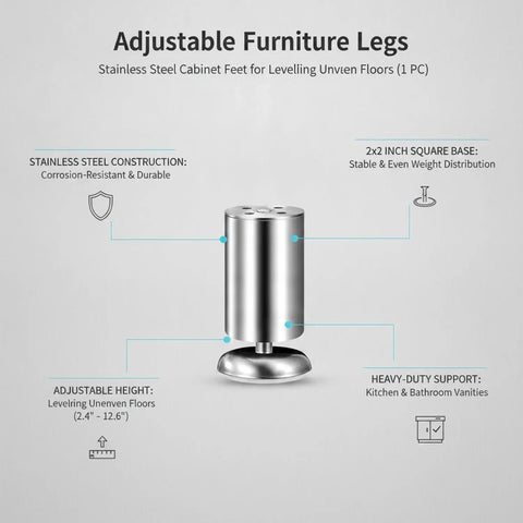 Adjustable Stainless Steel Furniture Legs For Leveling Cabinets And Vanities On Uneven Floors with threaded adjustment and 2x2 in base