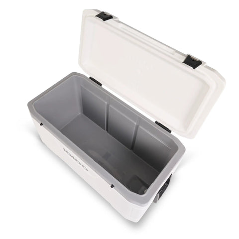 Open Latitude Marine 100 Quart Cooler With Cool Riser Elevation For Extra Chill Ultra White Finish showing inside capacity