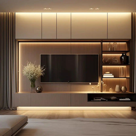 Luxurious living room with TV on wall, ambient lighting using 6-Pack 3.3ft U Shape LED Aluminum Channel System With Milky White Diffuser Cover